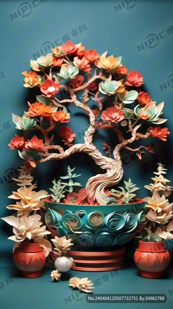 发财树 聚宝盆 衍纸