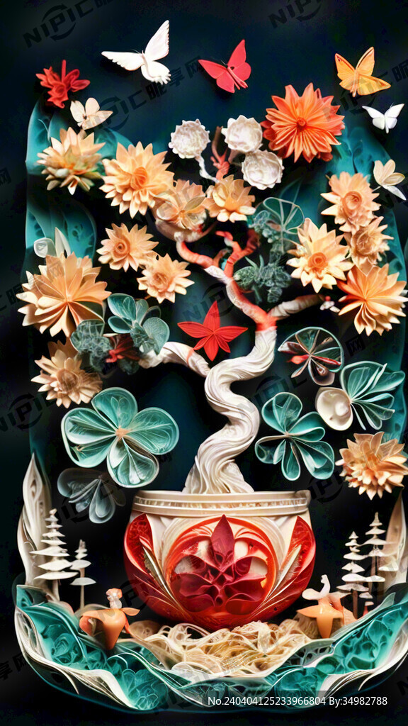 发财树 聚宝盆 衍纸
