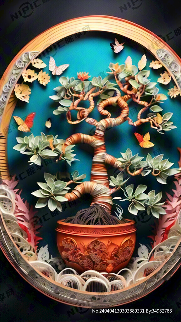 发财树 聚宝盆 衍纸