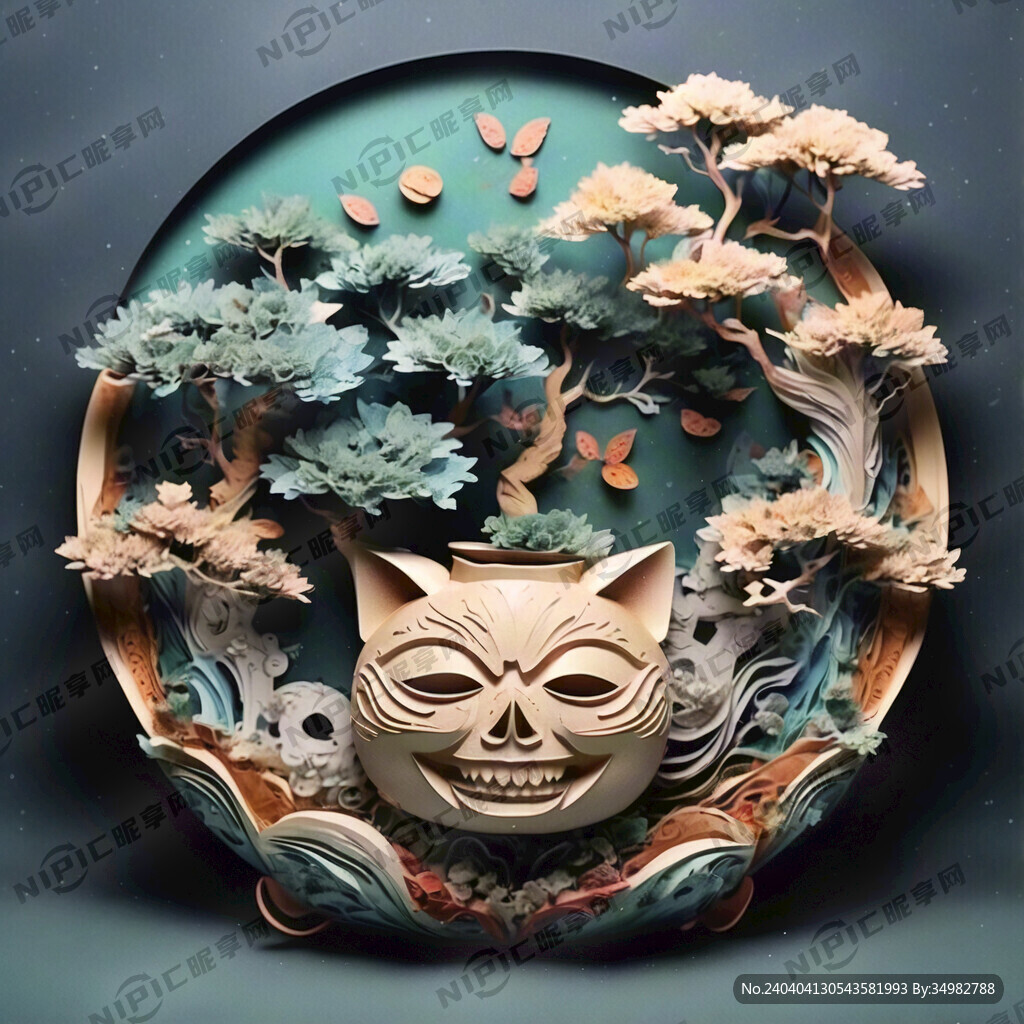 AI创作图发财树 聚宝盆 刻纸nipic.com-昵图网