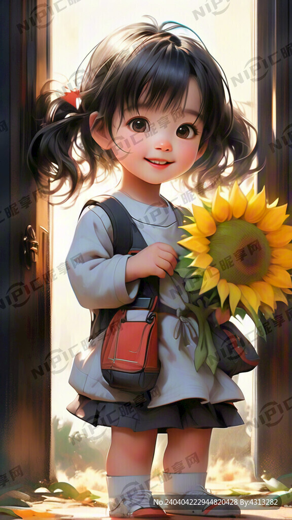 可爱的小女孩 抱着向日葵
