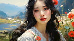 山 水 美女 小花 草地 蓝天