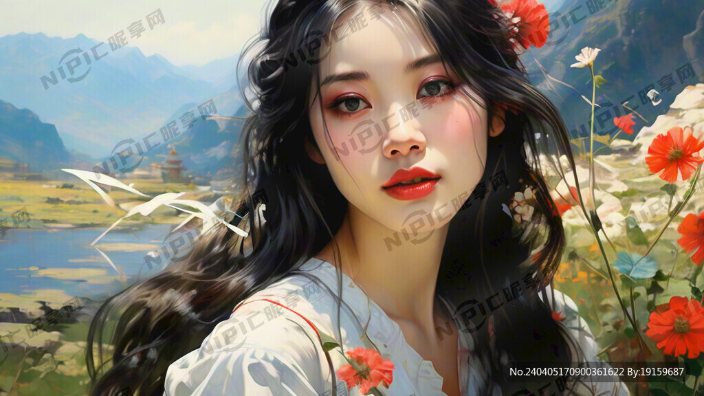 山 水 美女 小花 草地 蓝天