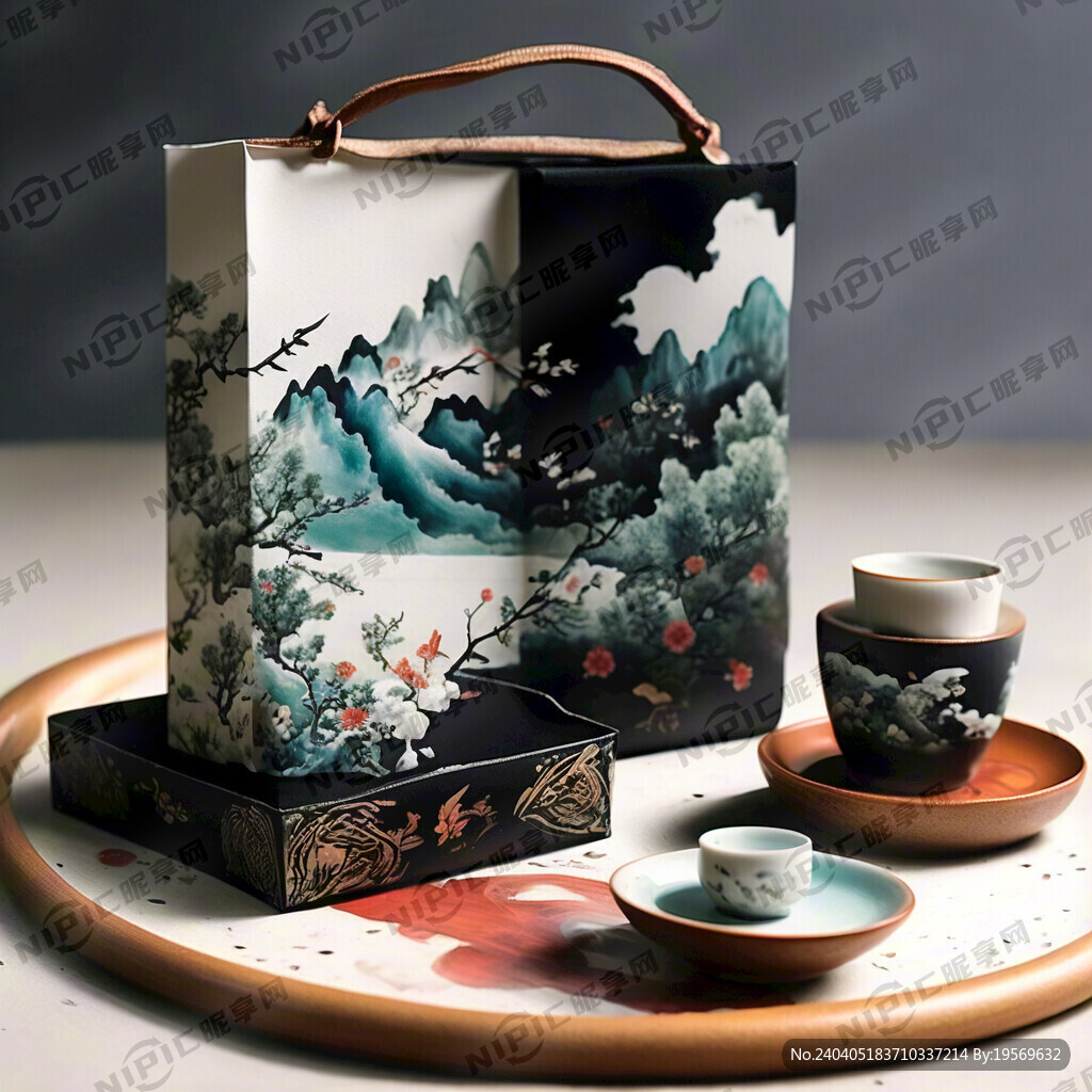 用山水画生成一款茶饼包装