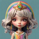 一个有着彩虹王冠和金色头发的可爱女孩，以异想天开的儿童书籍插图的风格，象牙色，彩色动画剧照，洛可可粉彩，传统动画