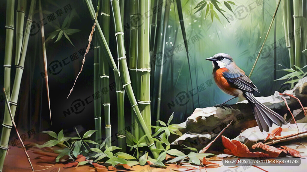 插画 绿色底 细竹子很高 
