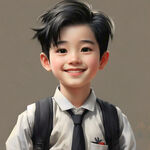 阳光卡通手绘中国少年，黑色头发，面带微笑，穿校服，白色衬衫，黑色裤子，不背书包，不要背景，只要人物。