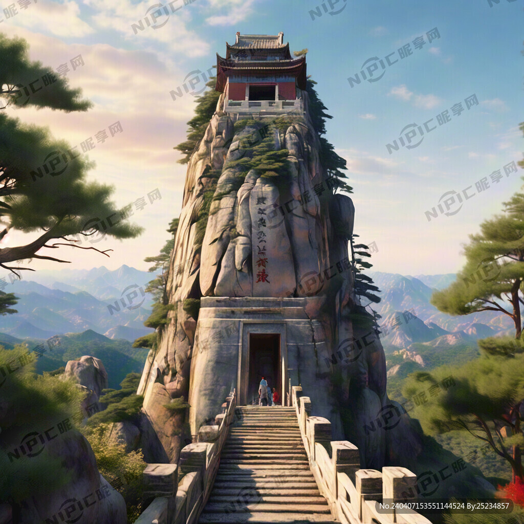 泰山迎客松为主题山为背景