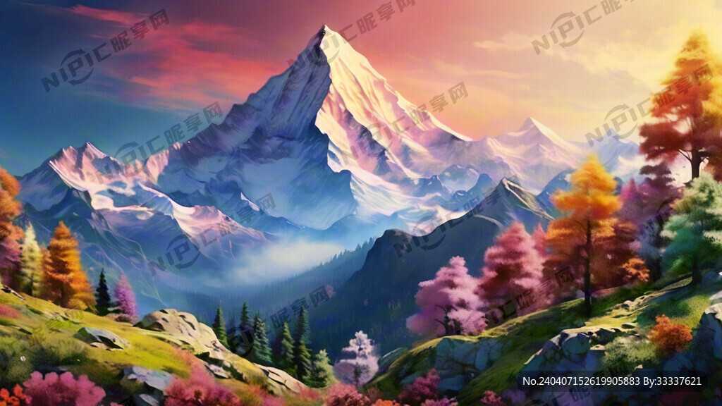 一幅美丽的色彩缤纷的山景图