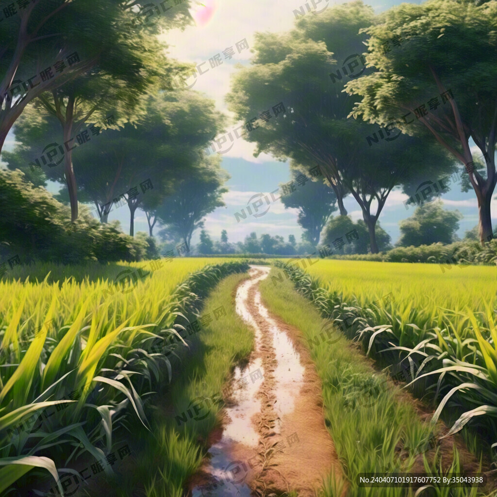 一条土路左侧种植水稻 超高清