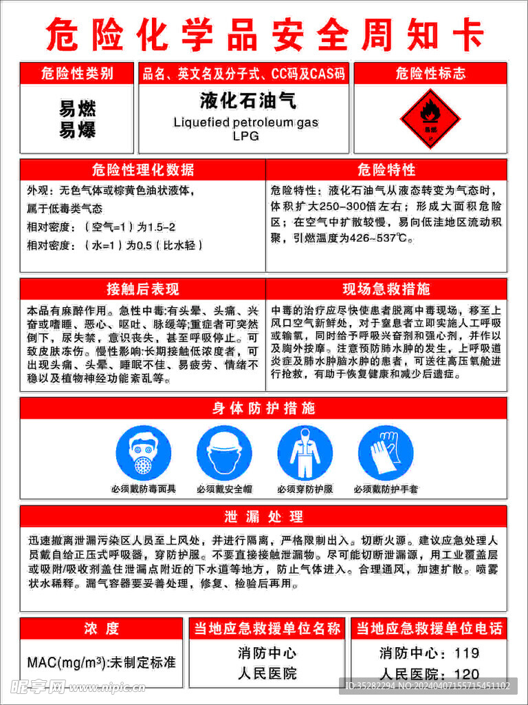 液化石油气危险化学品安全周知卡