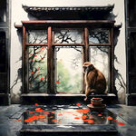 中国风，猴子，古建筑，窗户，玻璃窗，倒影
