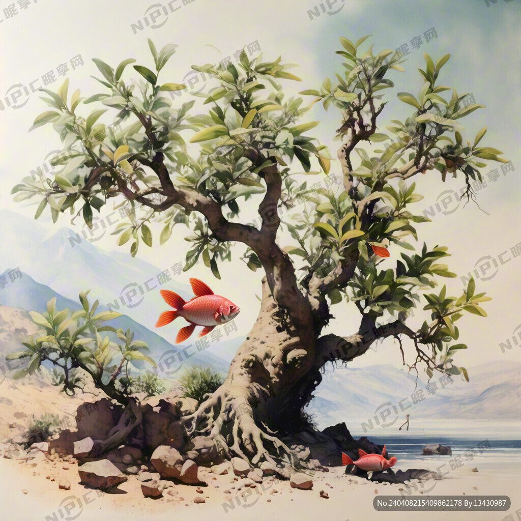 粉彩画 向下生长的石榴树