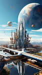 蓝色基调，整体体现科技创新，有城市建筑 飞机 高铁 桥梁 火箭 碳纤维