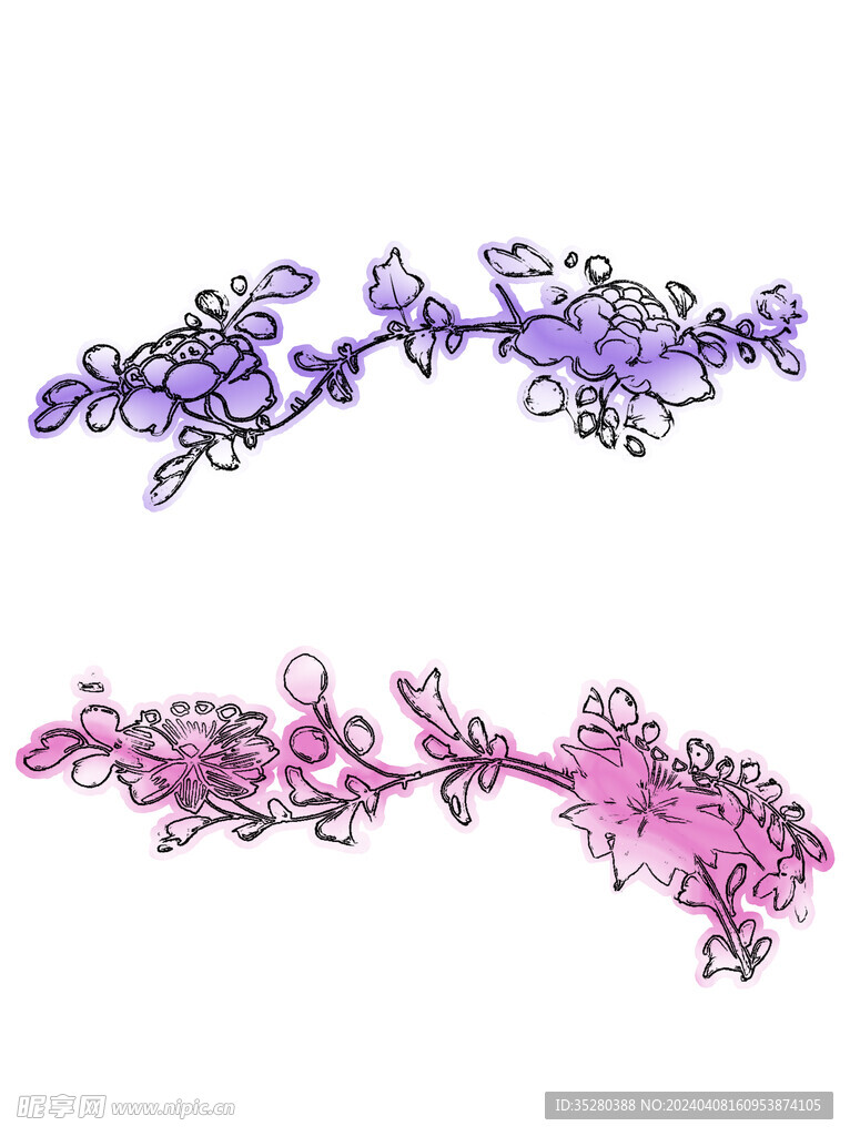 手绘线性中式渐变色花朵