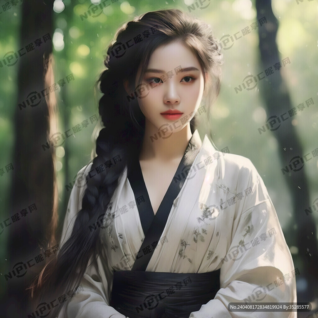 现代风独辫白衣女树林光影冥想微