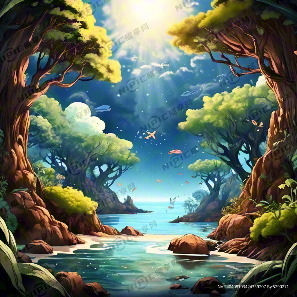 画一副有海有森林的卡通场景