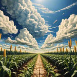 天空3朵云，地面1条道路，道路两边种植玉米，空间感