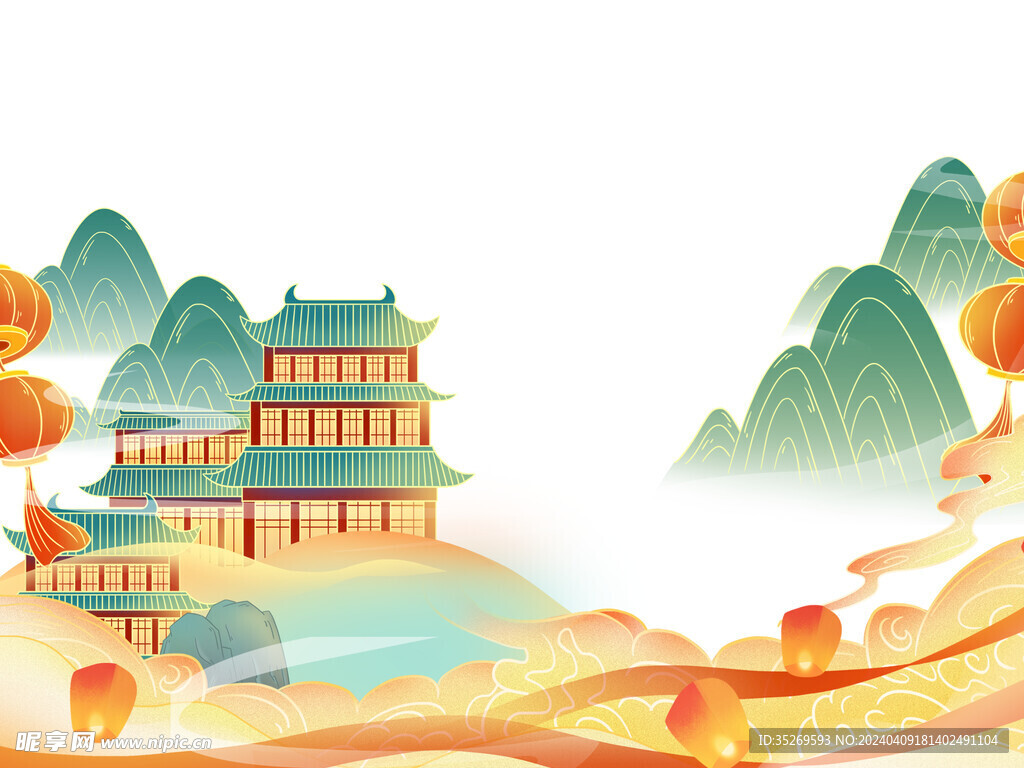 国潮中国风山水建筑插画设计元素