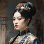 东方古风人物，清朝皇后形象，半侧脸，温婉，端庄，满族服饰，水墨人物风格