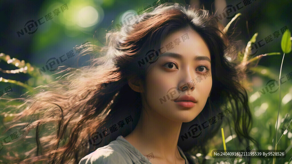 一位东方美女站在森林里的一片绿