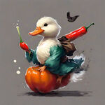 复古风可爱鸭骑着巨大的辣椒飞，背上背着一双大筷子，手里拿着酒葫芦，是个自在的仙侠
