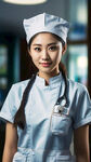 一名女护士站在医院内。穿着白色护士服和护士帽，直立站着，远景，真实逼真，背景是护士前台。