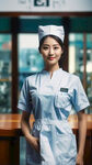 一名女护士直立站在医院前台前。穿着白色护士服和护士帽，远景全身照片，真实逼真。