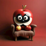 卡通红色苹果人物坐在红色椅子上  头部为苹果造型   圆润   卡通   坐在红色椅子上