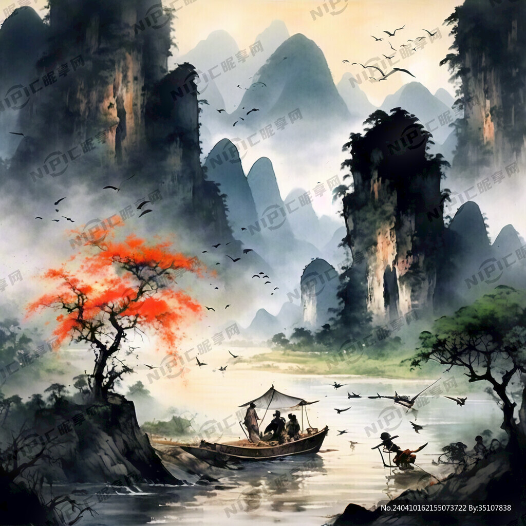 阳朔山水画 水墨风
