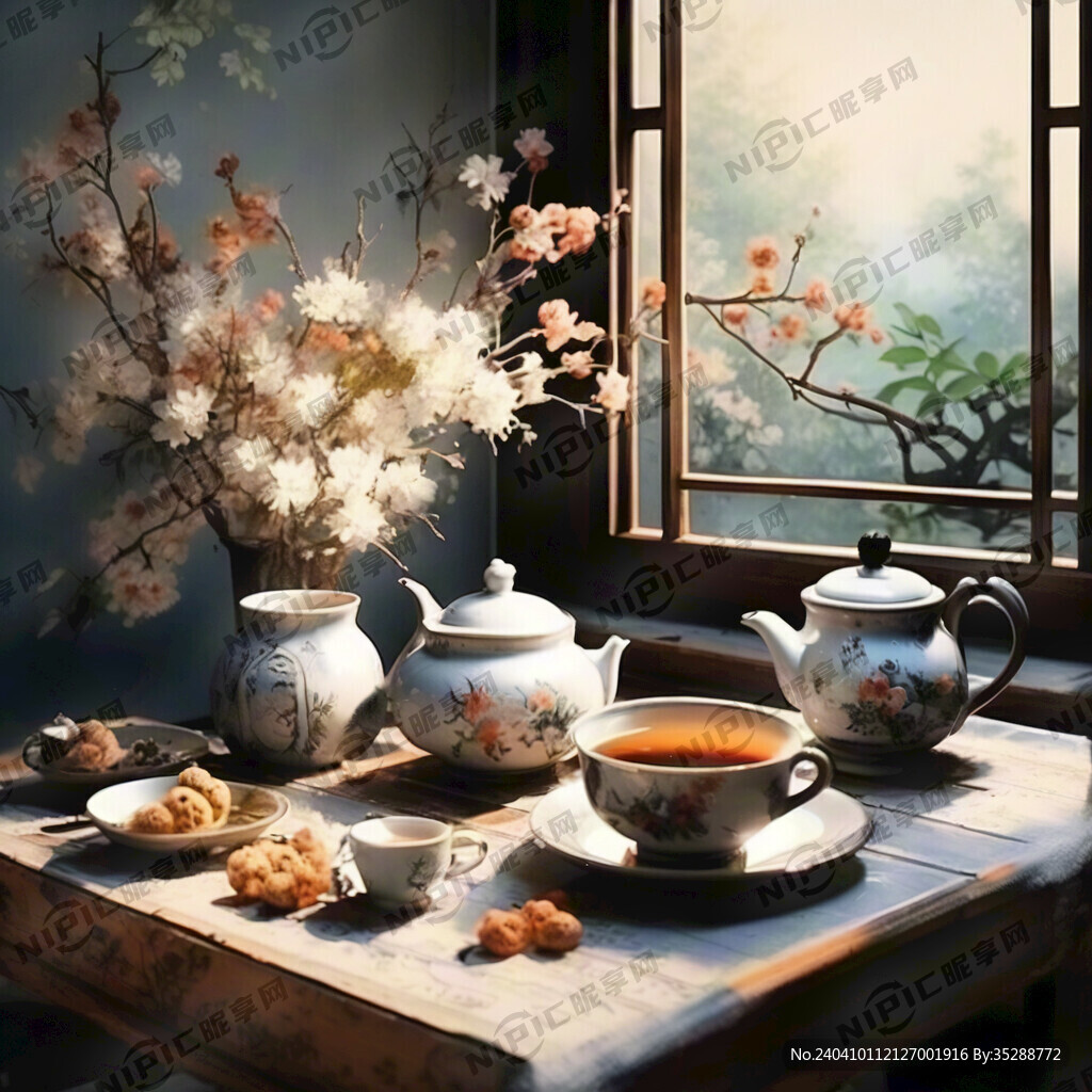 庭院喝茶祝福早安图