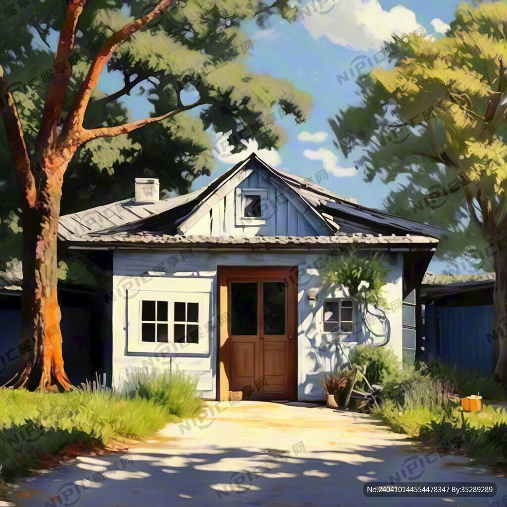 大树围绕的小屋前有白色的栏栅和