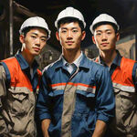 三个不一样的工人 穿制服 带安全帽 年轻 帅气 干活中 全景