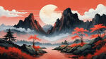 红色背景，远处层层的山，传承，中国元素，简洁大气，有质感，有气魄