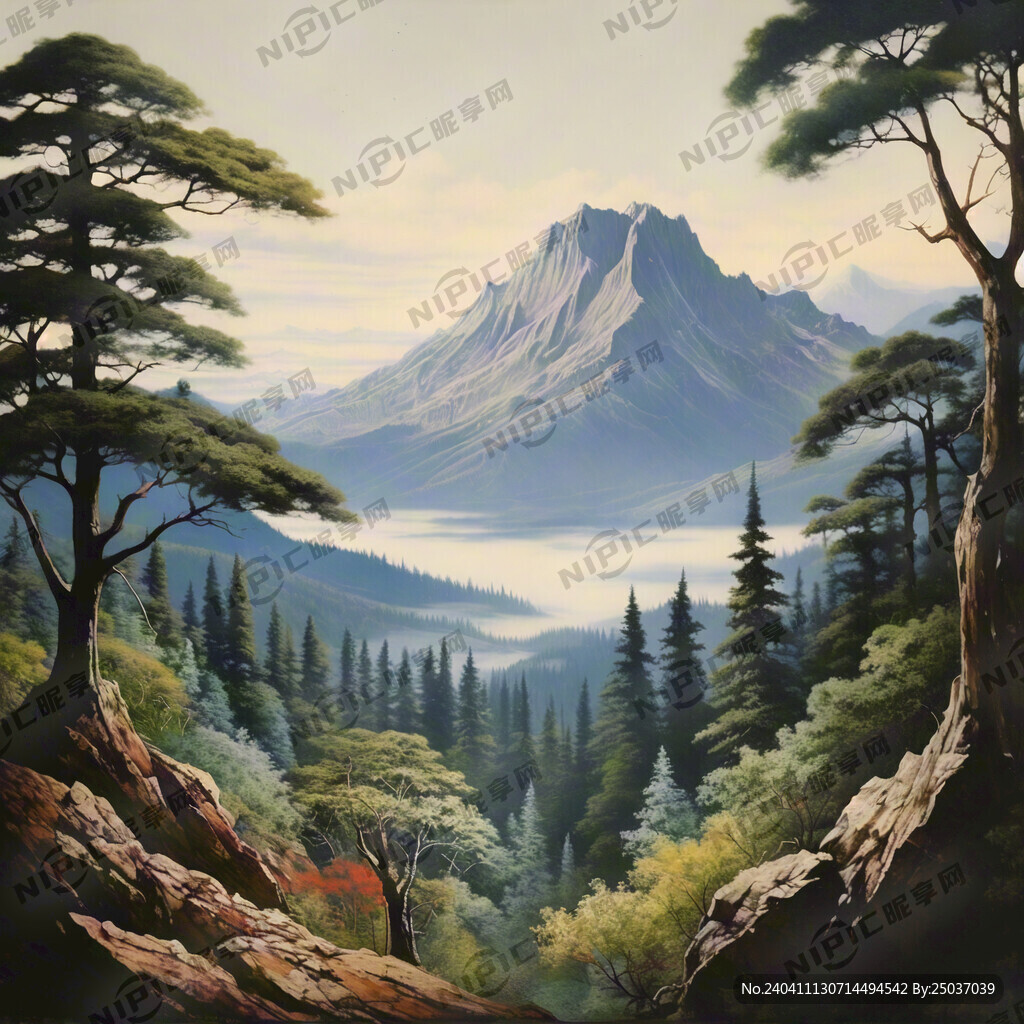 风景画 有山 山上有很多树