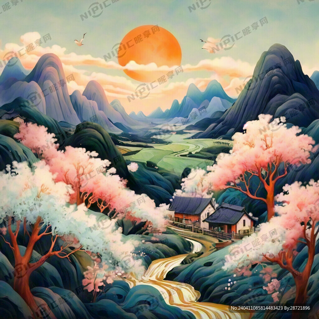 插画  国潮   高山流水  