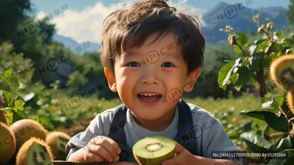 活泼可爱的小男孩吃着撕了皮的绿