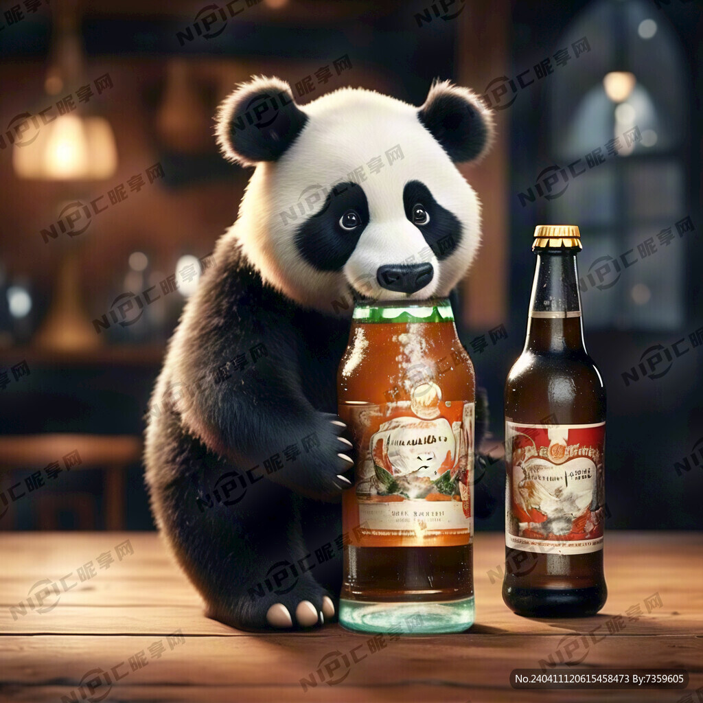 卡通熊猫手握玻璃瓶重庆啤酒