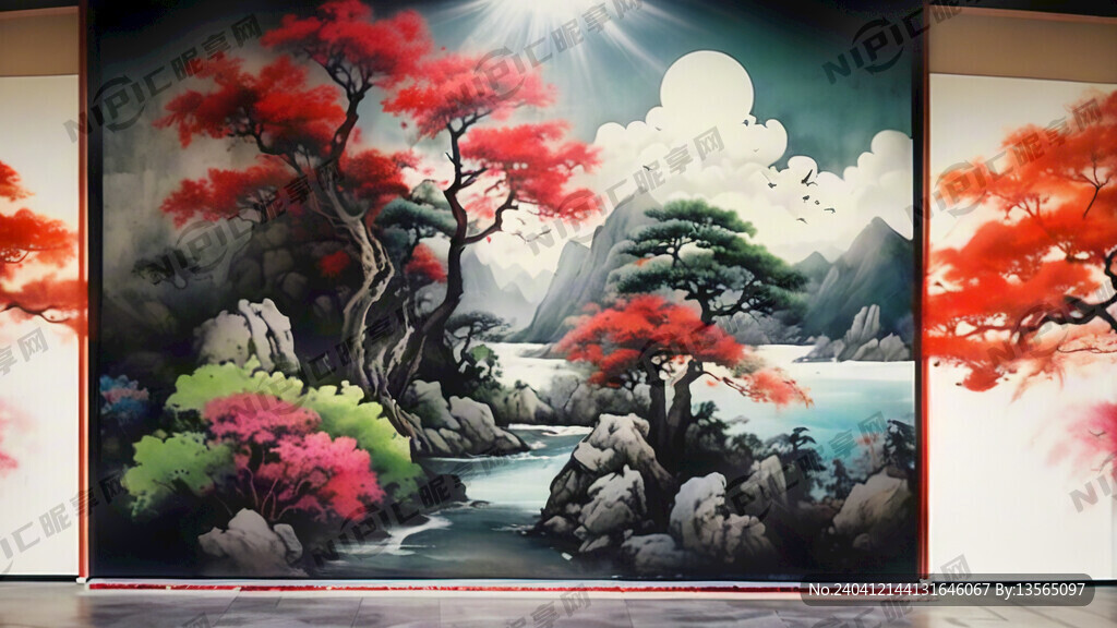 中国风 壁画 风景 花朵 阳光