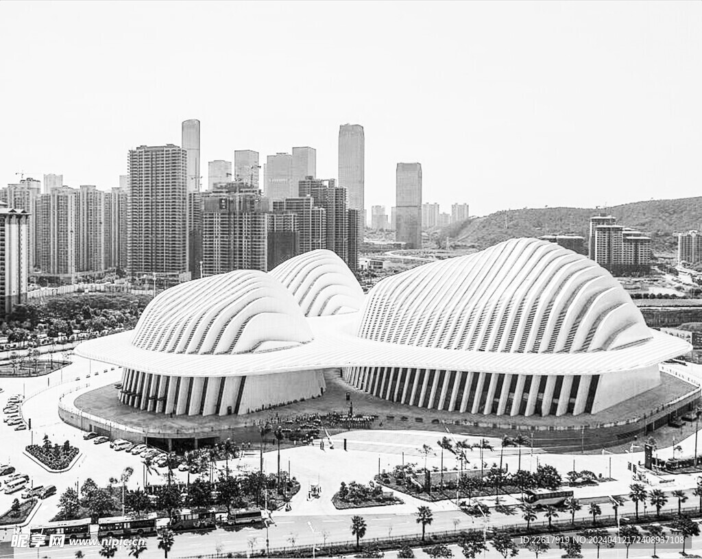 南宁文化艺术中心建筑风景黑白画