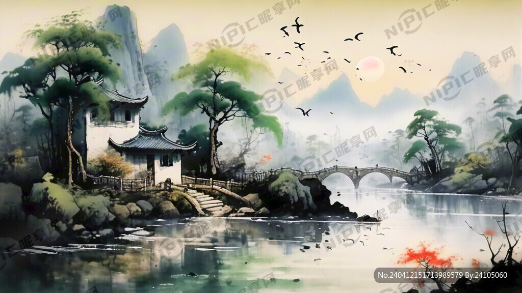 国画 山水画 螺青色 意境