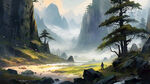 山谷，中国风，中国画，山水，水墨风格，写意，意境，高雅，高清，仙风道骨。