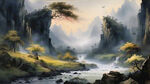 山谷，中国风，中国画，山水，水墨风格，写意，意境，高雅，高清，