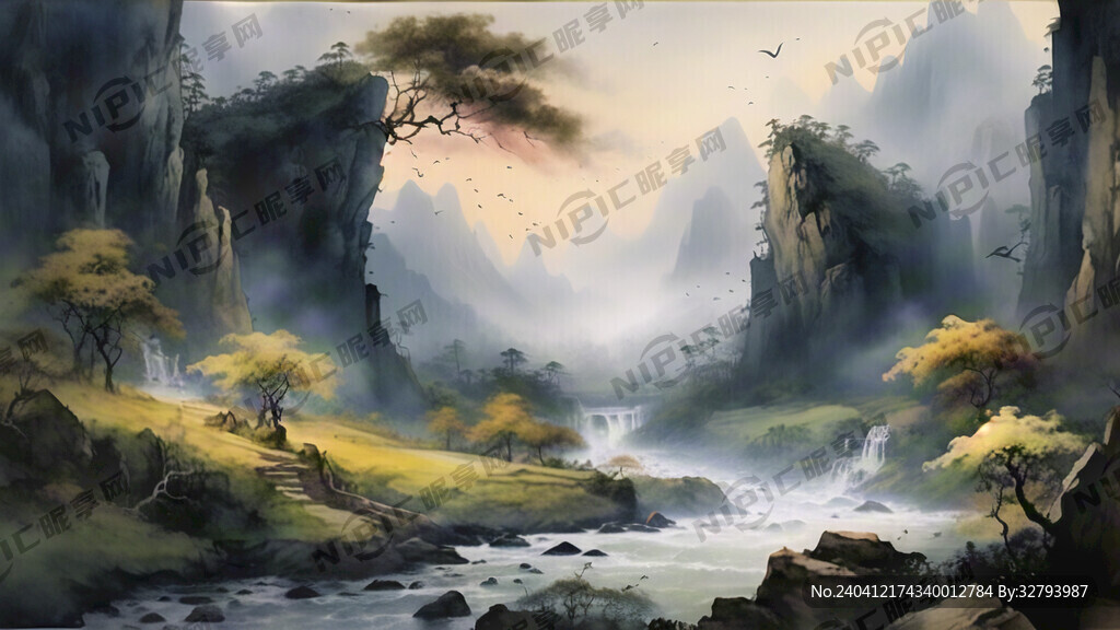 山谷 中国风 中国画 山水