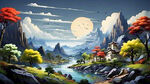 中国风，中国画，山水，水墨风格，高清，唯美新中式风景 超高清 细节刻画 飘渺电影般环境 明亮清晰 卡通山丘 小部分树木