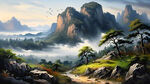 中国风，中国画，山水，水墨风格，高清，唯美新中式风景 超高清 细节刻画  明亮清晰 山丘 小部分树木