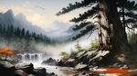 中国风，中国画，山水，水墨风格，高清，唯美新中式风景 超高清 细节刻画  明亮清晰 花岗岩  松木珍树木