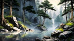 中国风，中国画，山水，水墨风格，高清，唯美新中式风景 超高清 细节刻画  明亮清晰 花岗岩  小部分松木珍树木
