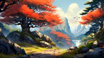 中国风，中国画，山水，水墨风格，高清，唯美新中式风景 超高清 细节刻画  明亮清晰 卡通山丘  小部分松木珍树木