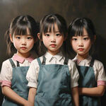 三个小女生  可爱 萌  一起站着  戴着围裙  背后是大白墙